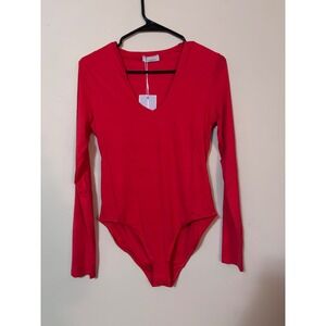 MANGOPOP Red Long Sleeve V Neck Bodysuit Snap Closure Women's Size Large